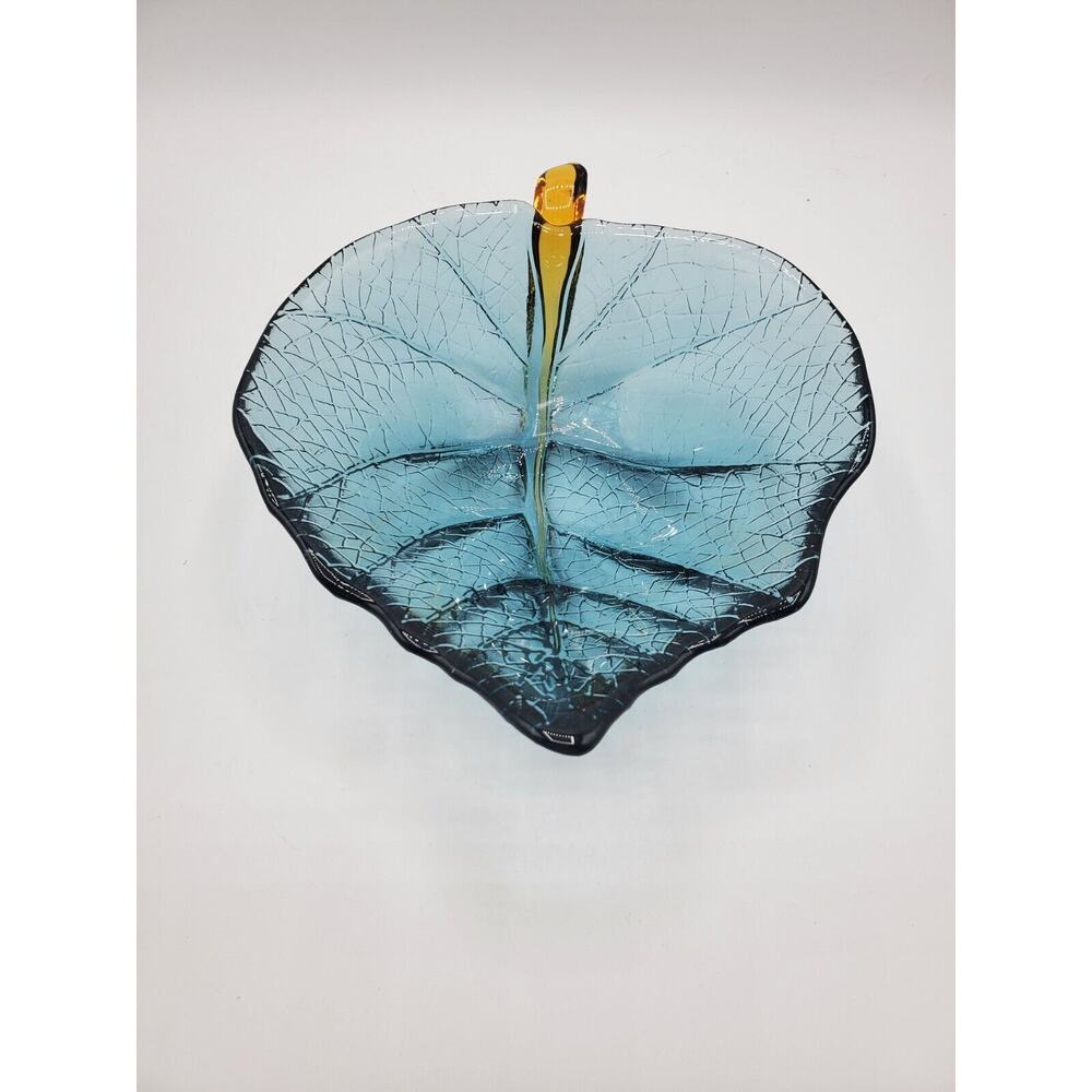 Dynasty Gallery Small Leaf bowl 6 1/4" long 2 1/4" tall - Blue with Orange Stem